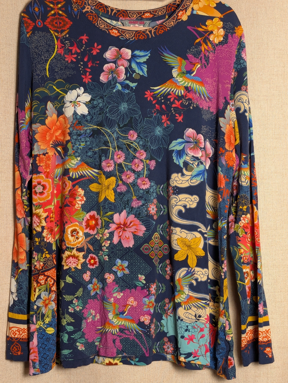 Johnny Was XL Floral Crane Tunic Top Boho Chinoiserie Maximalist Rayon